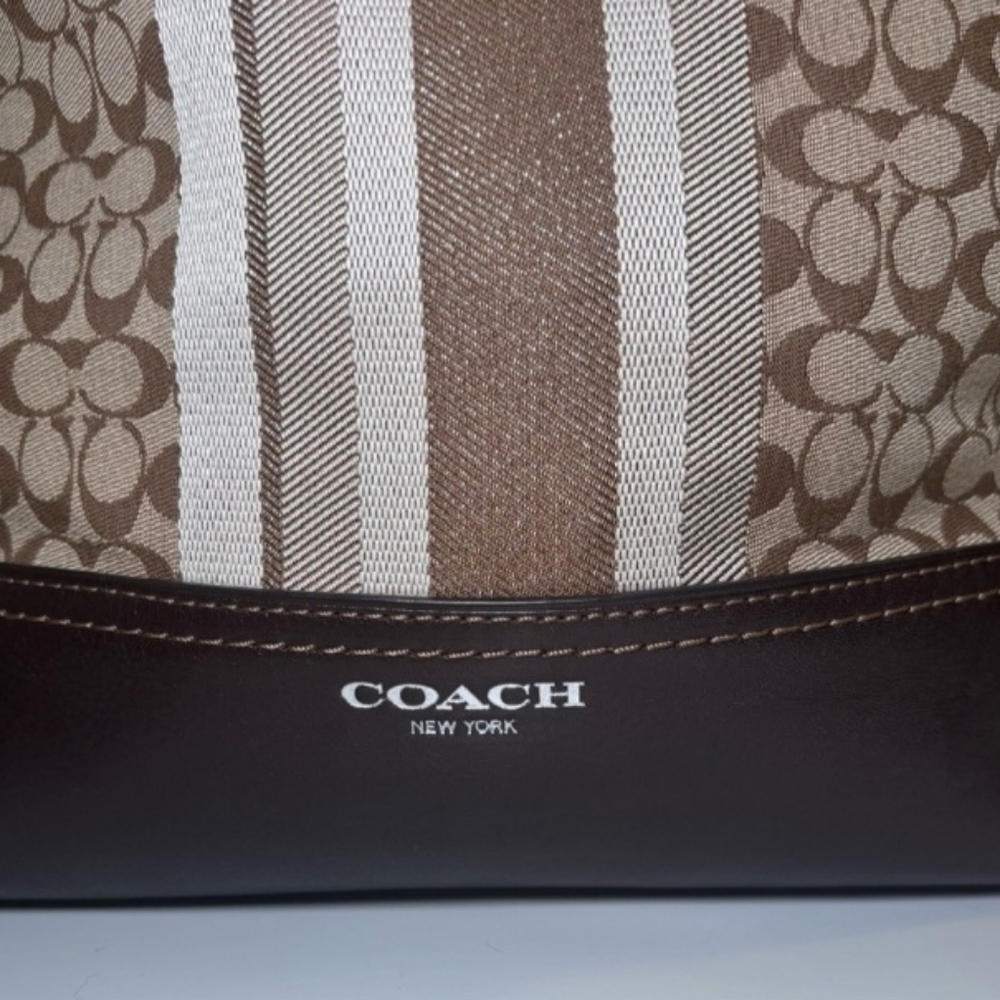 Coach Legacy Signature LUREX Stripe BROWN 2-way Jacquard Leather/Bag #19918 EUC